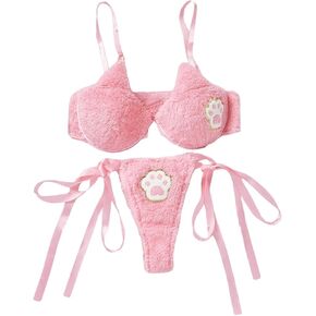 MakeMeChic Women's 2 Piece Lingerie Set Fuzzy Cartoon Graphic Push Up Bra and Tie Side Panty Sets