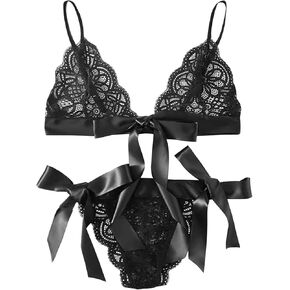 Women's Self Tie Lingerie Set Sheer Lace Spaghetti Strap Bra and Panty 2 Piece