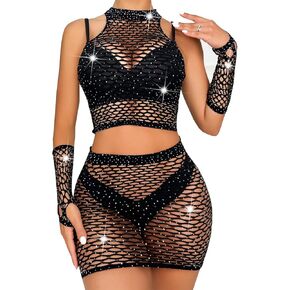 Womens Lingerie Sets for Women Sexy Two Piece Fishnet Rave Outfits Long Sleeve Bodysuit Nightwear