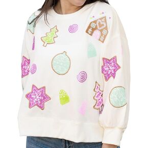 Mary Square Sequin Embellishments Polyester Blend Women's Crew Neck Festive Christmas Holiday Buttery Soft Sweatshirt in Kuwait