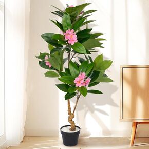 2 Pack Artificial Plumeria Tree, 5ft Tall Artificial Flower Tree Plants with Pink Hawaiian Flowers, Simulated Green Plants Plumeria Rubra Cement Pot Plants for Indoor Outdoor Office Decor