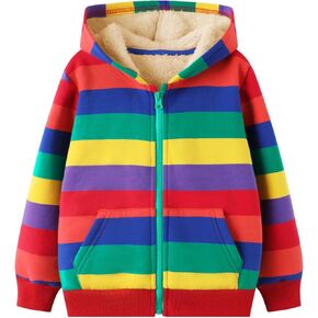 HILEELANG Girl Sherpa Fleece Lined Jacket Zip Up Hoodie Coat Cotton Raibow Stripe Winter Lightweight Outerwear
