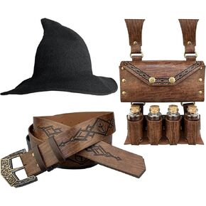 3PCs Witch Hat Alchemy Belt pouch with 4 Cork Potion Vials, Fantasy Renaissance Wizard Belt Accessories for Ren Faire (Black A)