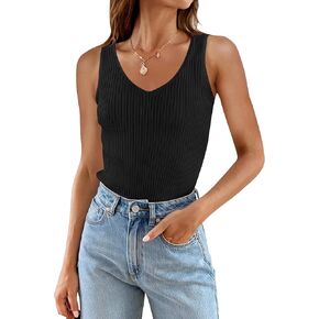 ZESICA Womens Ribbed Tank Tops Summer Sleeveless V Neck Shirts Casual Sexy Slim Fitted Basic Knit Tees