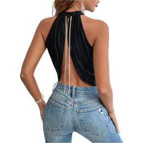 GORGLITTER Women's Club Backless Halter Top Sexy Sleeveless Rhinestone Wrap Draped Cami Crop Top