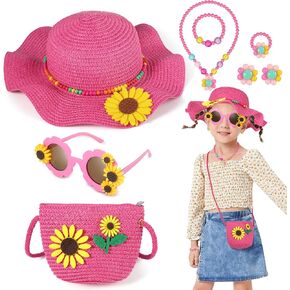 Girls Sun Hat Sunglasses with Sunflower Purse Jewelry Set, Sunflower Straw Hat Wide Brim Hat Kids Summer Hat for Beach Holidays Picnics Rose