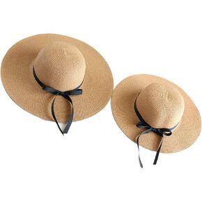 Julerwoo 2 PCS Parent-Child Straw Hat Wide Brim Bowknot Cap Beach Sun Hat for Girls Women