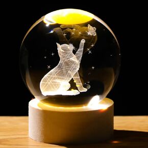 3D Cat Crystal Ball Decor, Crystal Cat Figurines with Wooden Base, Laser Engraved Glass Sphere Cat Gifts for Cat Lovers