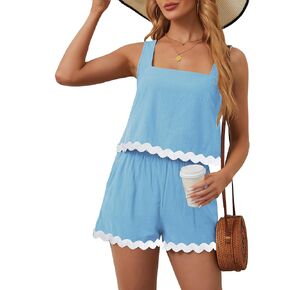 Womens Summer Outfits Two Piece Sets 2024 Vacation Beach Cruise Linen Square Neck Cropped Tank Top High Waist Shorts Sets