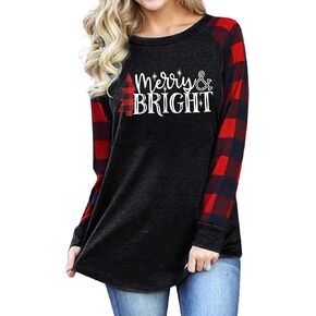 Merry Christmas Shirts for Women: Merry and Bright T Shirt Long Sleeve Christmas Shirts Plaid Xmas Holiday Pullover Blouse