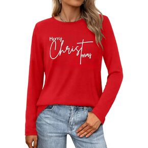 Merry Christmas Shirts for Women: Merry and Bright T Shirt Long Sleeve Christmas Shirts Plaid Xmas Holiday Pullover Blouse in Saudi Arabia