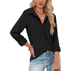 HOTOUCH Womens Button Down Shirts Long Sleeve Dress Shirts Casual V Neck Collared Tops Work Office Blouse with Pocket