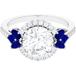 Certified Moissanite Designer Engagement Ring with Lab Grown Blue Sapphire, D-Vs1 Quality, Moissanite Sapphire Circle Ring in Silver