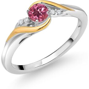 Gem Stone King 925 Sterling Silver and 10K Yellow Gold Round Pink Tourmaline and White Lab Grown Diamond Engagement Ring For Women (0.28 Cttw, Gemstone Birthstone, Available In Size 5, 6, 7, 8, 9)