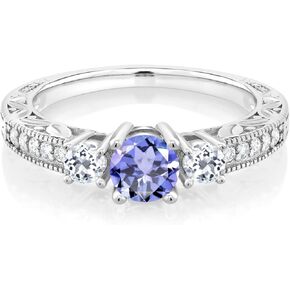 Gem Stone King 925 Sterling Silver Blue Tanzanite and White Topaz Engagement Ring For Women (0.87 Cttw, Round Gemstone Birthstone, Available in size 5, 6, 7, 8, 9)
