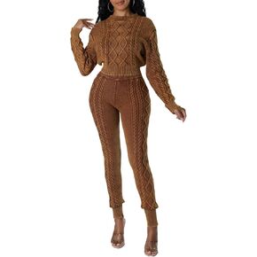 Voghtic Women's Winter 2 Piece Sweater Sets Cable Knit Long Sleeve Crop Tops Bodycon Pants Matching Lounge Outfits