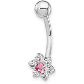 10k White Gold CZ Cubic Zirconia Flower Pink Center Belly Ring Dangle - 20mm x 7mm