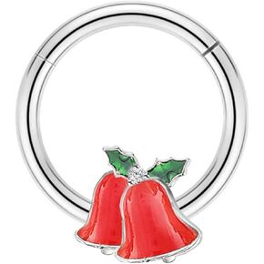 16G Christmas Septum Ring Elk,Jingling Bell Nose Hoop Ring 316L Stainless Steel Hinged Segment Ring Daith Piercing Jewelry Conch Helix Earring Cartilage Earring for Women Men