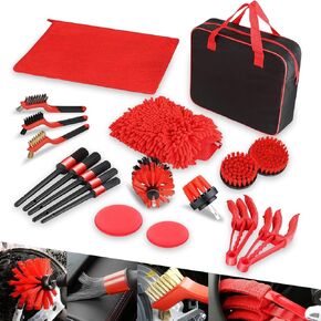 Auto Dynasty - 19Pcs Car Wash Cleaning Tool Kit and Detailing Brush Set with Carry Bag Universal For Interior, Exterior, Wheels and Air Vent, Red