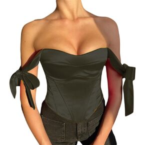 SOLILOQUY Women Y2k Satin Corset Top Fairy Grunge Tie Strap Off Shoulder Low Cut Bustier Crop Tank Top Halloween Costumes