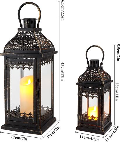 JHY DESIGN Set of 2 13''&19.5''H Decorative Candle Lanterns Vintage Hanging Lantern Metal Candle Holder for Garden Living Room Indoor Outdoor Parties Weddings Balcony(Black with Gold Brush) in Kuwait