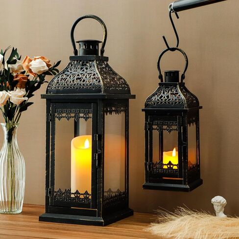 JHY DESIGN Set of 2 13''&19.5''H Decorative Candle Lanterns Vintage Hanging Lantern Metal Candle Holder for Garden Living Room Indoor Outdoor Parties Weddings Balcony(Black with Gold Brush) in Kuwait