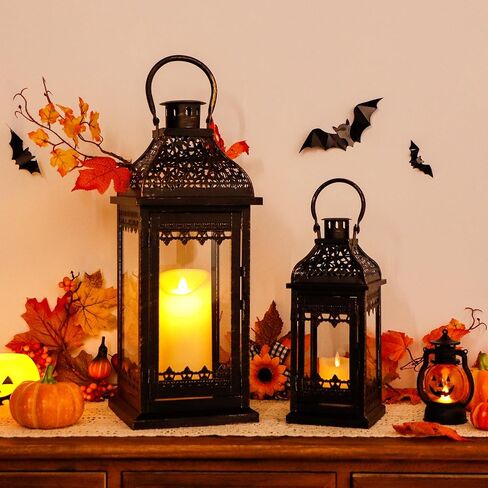 JHY DESIGN Set of 2 13''&19.5''H Decorative Candle Lanterns Vintage Hanging Lantern Metal Candle Holder for Garden Living Room Indoor Outdoor Parties Weddings Balcony(Black with Gold Brush) in Kuwait