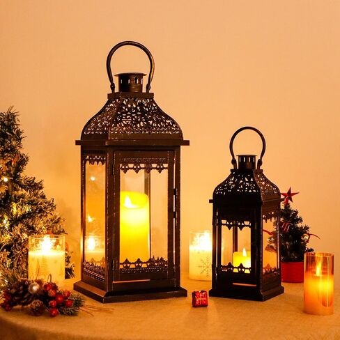 JHY DESIGN Set of 2 13''&19.5''H Decorative Candle Lanterns Vintage Hanging Lantern Metal Candle Holder for Garden Living Room Indoor Outdoor Parties Weddings Balcony(Black with Gold Brush) in Kuwait