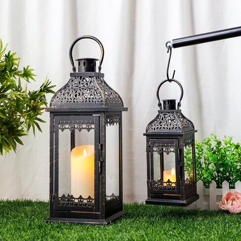 JHY DESIGN Set of 2 13''&19.5''H Decorative Candle Lanterns Vintage Hanging Lantern Metal Candle Holder for Garden Living Room Indoor Outdoor Parties Weddings Balcony(Black with Gold Brush) in Kuwait