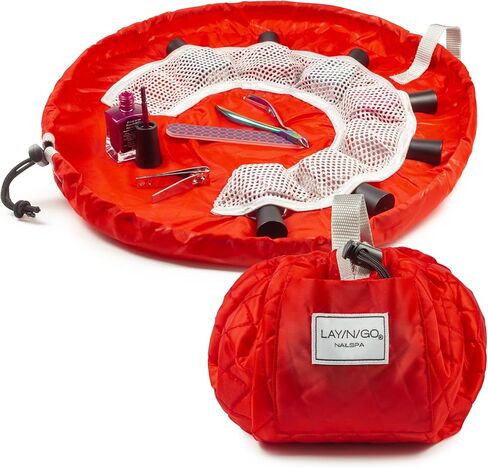 حقيبة مستحضرات التجميل برباط من Lay-n-Go NailSpa - حقيبة محمولة لتنظيم مستلزمات الأظافر مع 8 جيوب شبكية مرنة ومركز دائري - منظم أدوات أظافر متين وقابل للغسل في الغسالة (18 بوصة، أحمر) in Kuwait