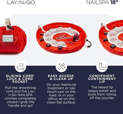 حقيبة مستحضرات التجميل برباط من Lay-n-Go NailSpa - حقيبة محمولة لتنظيم مستلزمات الأظافر مع 8 جيوب شبكية مرنة ومركز دائري - منظم أدوات أظافر متين وقابل للغسل في الغسالة (18 بوصة، أحمر) in Kuwait