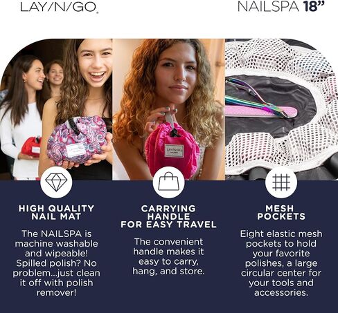 حقيبة مستحضرات التجميل برباط من Lay-n-Go NailSpa - حقيبة محمولة لتنظيم مستلزمات الأظافر مع 8 جيوب شبكية مرنة ومركز دائري - منظم أدوات أظافر متين وقابل للغسل في الغسالة (18 بوصة، أحمر) in Kuwait