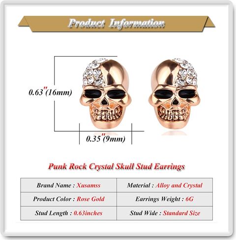 Xusamss Punk Body Piercing Earrings Crystal Skull Stud Earrings in Saudi Arabia