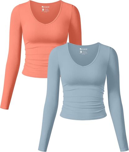 قمصان OQQ للسيدات مكونة من قطعتين بأكمام طويلة ورقبة على شكل حرف V مكشكشة ومطاطة ومثيرة وقمصان أساسية مناسبة in Kuwait