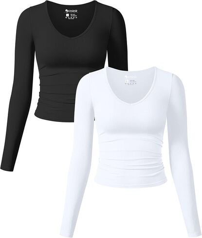 OQQ Womens 2 Piece Long Sleeve Shirts V Neck Ruched Stretch Sexy Basic Tops Fitted Tee Shirts in Saudi Arabia