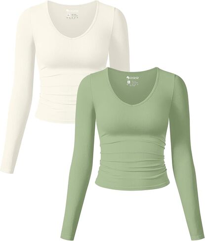 OQQ Womens 2 Piece Long Sleeve Shirts V Neck Ruched Stretch Sexy Basic Tops Fitted Tee Shirts in Saudi Arabia