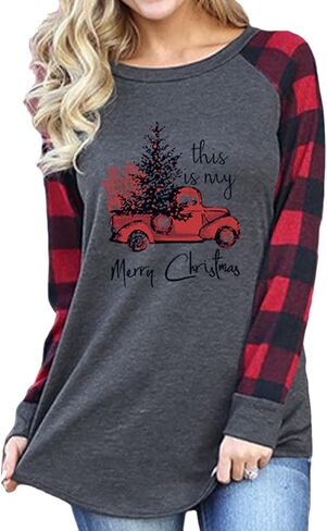 Women's This is My Christmas Movies Watching Shirt Long Sleeve Raglan Snowman T-Shirt Plaid Splicing Tops in Kuwait