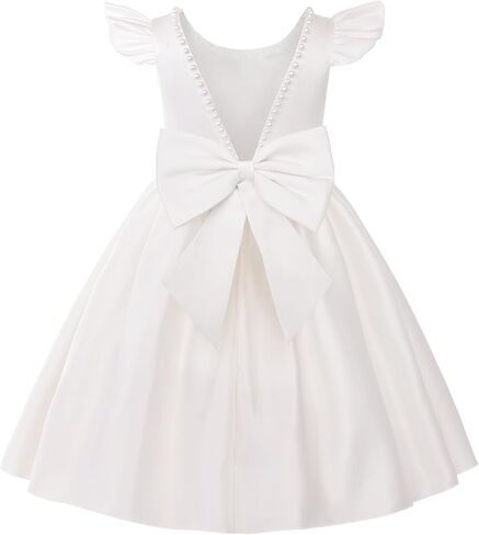 Uhnice Flower Girl Pearl Dress Flutter Sleeve V-Back Satin Dress with Bowknot for Wedding Birthday Party in Saudi Arabia