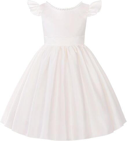 Uhnice Flower Girl Pearl Dress Flutter Sleeve V-Back Satin Dress with Bowknot for Wedding Birthday Party in Saudi Arabia