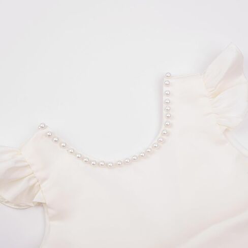 Uhnice Flower Girl Pearl Dress Flutter Sleeve V-Back Satin Dress with Bowknot for Wedding Birthday Party in Saudi Arabia