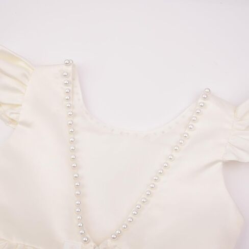Uhnice Flower Girl Pearl Dress Flutter Sleeve V-Back Satin Dress with Bowknot for Wedding Birthday Party in Saudi Arabia