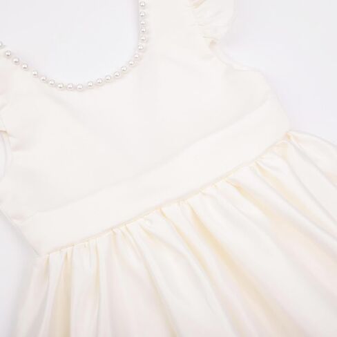 Uhnice Flower Girl Pearl Dress Flutter Sleeve V-Back Satin Dress with Bowknot for Wedding Birthday Party in Saudi Arabia