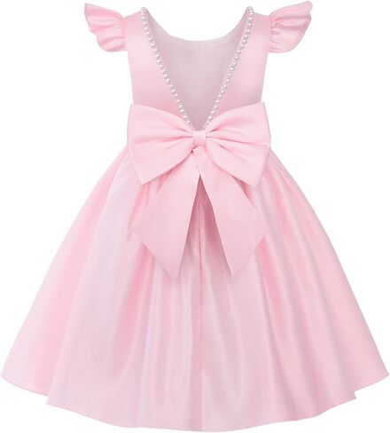 Uhnice Flower Girl Pearl Dress Flutter Sleeve V-Back Satin Dress with Bowknot for Wedding Birthday Party in Kuwait
