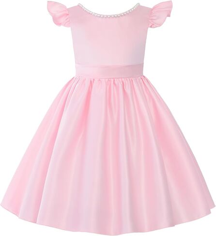 Uhnice Flower Girl Pearl Dress Flutter Sleeve V-Back Satin Dress with Bowknot for Wedding Birthday Party in Kuwait