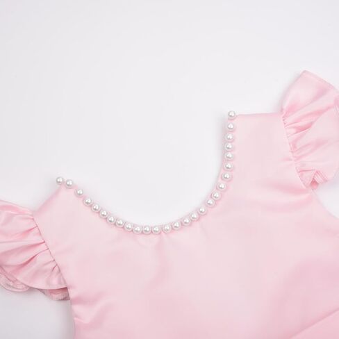 Uhnice Flower Girl Pearl Dress Flutter Sleeve V-Back Satin Dress with Bowknot for Wedding Birthday Party in Kuwait