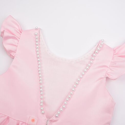 Uhnice Flower Girl Pearl Dress Flutter Sleeve V-Back Satin Dress with Bowknot for Wedding Birthday Party in Kuwait