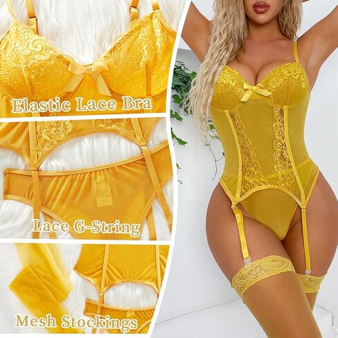 Women's Lingerie Set Garter Belt Mesh Bodysuit with Stockings and Panty Lace Sexy 3 Piece Set Lingerie for Women in Saudi Arabia