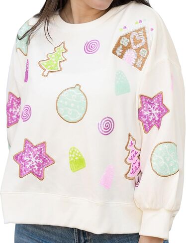 Mary Square Sequin Embellishments Polyester Blend Women's Crew Neck Festive Christmas Holiday Buttery Soft Sweatshirt in Kuwait
