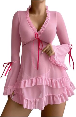 OYOANGLE Women's 2 Piece Long Sleeve Sheer Ruffle Babydoll Lingerie Dress Nightgown and Thong Sleepwear in Saudi Arabia