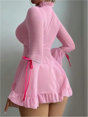 OYOANGLE Women's 2 Piece Long Sleeve Sheer Ruffle Babydoll Lingerie Dress Nightgown and Thong Sleepwear in Saudi Arabia